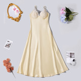 SC Solid Color Sling Patchwork Satin Maxi Dress GFRT-32708DBY