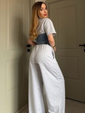 SC Denim Patchwork Short Sleeve Two Piece Pants Set YRST-T26-33