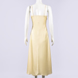 SC Solid Color Sling Patchwork Satin Maxi Dress GFRT-32708DBY