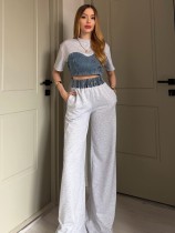 SC Denim Patchwork Short Sleeve Two Piece Pants Set YRST-T26-33