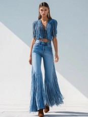 SC Tassel Patchwork Sleeveless Top Pants Denim Suit YRST-D018