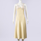 SC Solid Color Sling Patchwork Satin Maxi Dress GFRT-32708DBY