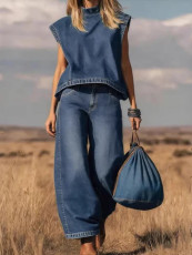 SC Fashion Denim Sleeveless Vest+Wide Leg Pants Suit YRST-D022
