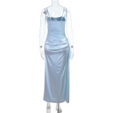 SC Solid Color Patchwork Split Sling Maxi Dress SUM-YL26101PFO