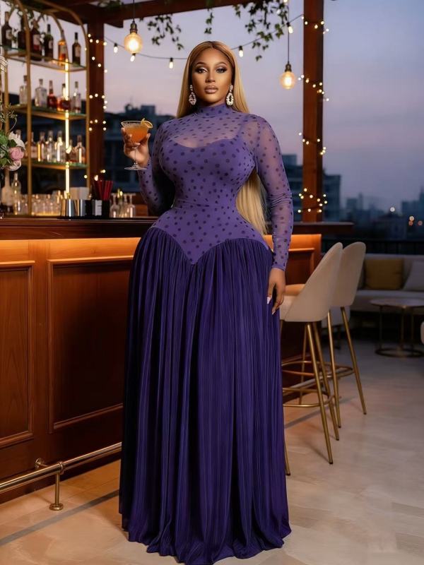 SC Mesh Long Sleeve Ruched Maxi Dress GMYU-11203