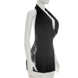 SC Solid Color Deep V Neck Patchwork Lace Romper GDSF-J26RP157