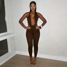 SC Solid Color Halterneck Backless Seventh Jumpsuit GDSF-C26JP127