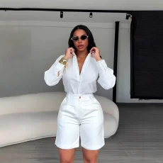 SC Lapel Solid Color Shirt Two Piece Short Set BMF-860
