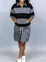 SC Stripe Casual Lapel Tops Sport Short 2 Piece Set LSD-2723