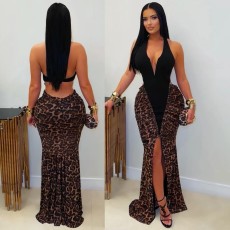SC Leopard Print Patchwork Backless Maxi Dress LSD-2709