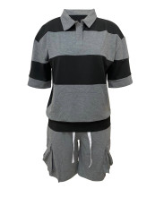 SC Stripe Casual Lapel Tops Sport Short 2 Piece Set LSD-2723