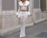 SC Solid Color Lace Jacquard See Through Micro Flare Pants LSD-2694