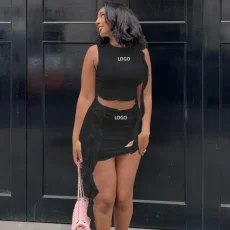 Custom LOGO Solid Color Sleeveless Tight Two Piece Skirt Set GJYO-710663LOGO
