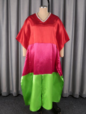 SC V Neck Bat Sleeve Contrast Color Satin Maxi Dress GKEN-ADR060129