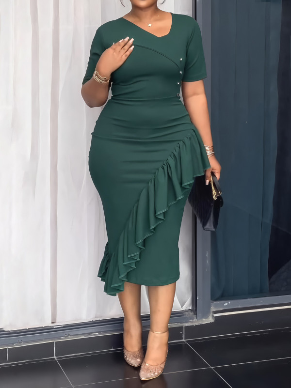 SC Short Sleeve Ruffles V Neck Midi Dress GYLY-11003