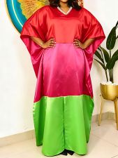 SC V Neck Bat Sleeve Contrast Color Satin Maxi Dress GKEN-ADR060129
