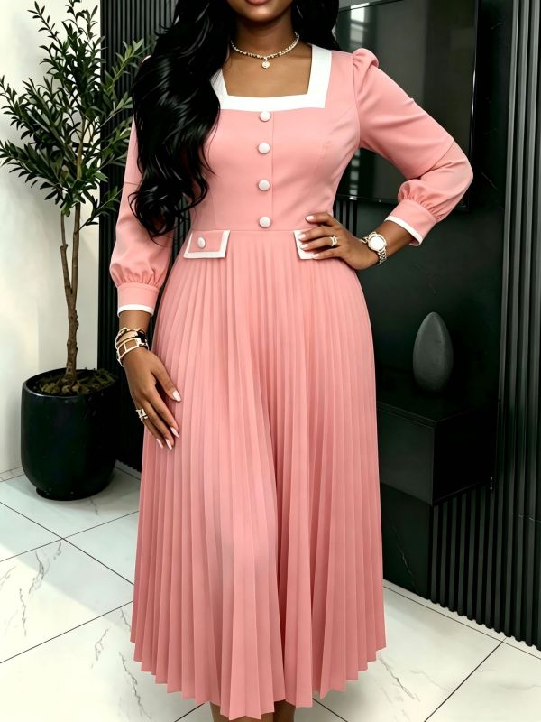 SC Plus Size Single Breasted Square Neck Maxi Dress GKEN-AM041206