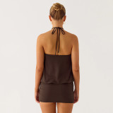 SC Solid Color Halterneck Hollow Out Mini Dress GDSF-D26DS099