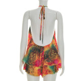 SC Mesh Print Ruffles Backless Top Two Piece Shorts Set GDSF-D26ST092