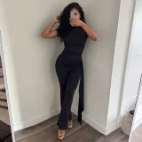 SC Solid Color Short Sleeve Tops Two Piece Pants Set GZJQ-K6S07020A