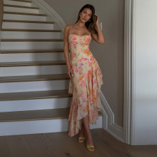 SC Floral Print  Backless Tie Up Irregular Dress GPKJ-MR48689