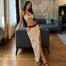 SC Sexy Vest Irregular Long Skirt PU Patchwork Suit XEF-K6S04938A