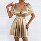 SC V Neck Solid Color Mini Dress YMYF-9573
