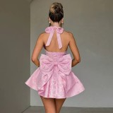 SC Solid Color Halterneck Bow-tie Mini Dress GPBY-DR8347