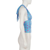 SC Floral Print Color-Block V-Neck Halter Top GPKJ-MR48435