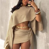 SC Slash Shoulder Solid Top Two Piece Skirts Set HNIF-YM127