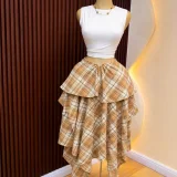 SC Plaid Print Tie Up Irregular Long Skirts GCNE-75218