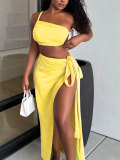 SC Solid Color Single Shoulder Split Long Skrit 2 Piece Set HNIF-YY028