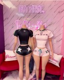 SC Letter Print Short Sleeve Two Piece Short Set GKYS-2534