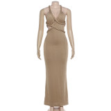 SC Solid Color Hollow Out Backless Long Dress GZJQ-K6D07057A