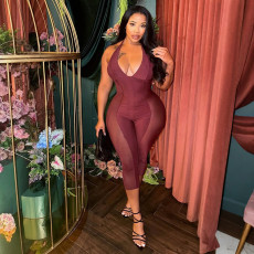 SC Mesh Patchwork See Through Fifth Jumpsuit GZJQ-K6Q07445A