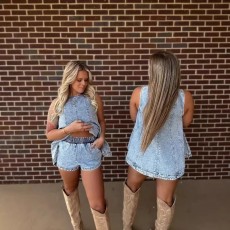 SC Casual Denim Sleeveless Two Piece Shorts Set GMYT-803