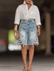 SC Casual Print Holes Denim Fifth Pants OD-8780