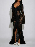 SC Lace V Neck Long Sleeve Maxi Dress AIL-348