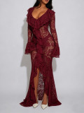 SC Lace V Neck Long Sleeve Maxi Dress AIL-348