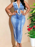 SC Plus Size Print Sleeveless V Neck Two Piece Skirts Set GAWE-6632