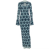 SC Print Hollow Out Long Sleeve Maxi Dress  GJYO-JD305311