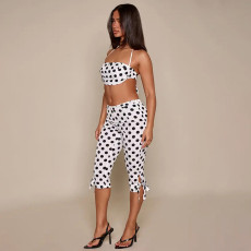 SC Polka Dots Print Halterneck Top Seventh Pants Suit GSZM-C26ST128