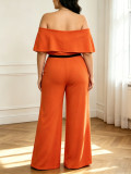 SC Plus Size Off Shoulder Ruffles Solid Loose Pants Suit GAWE-6753