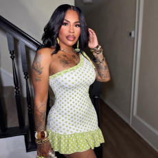 SC Polka Dots Print Slash Shoulder Mini Dress MXBF-J26DS154