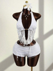 SC Solid Color Halterneck Backless Top Short Suit GXIY-K26L2399