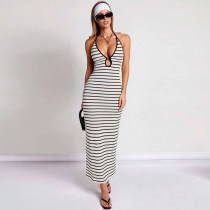 SC Stripe Halterneck Backless Midi Dress GFRT-42111DBG