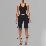 SC Solid Color Halterneck Top Seventh Pants Suit YWXS-K25L1878