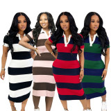 SC Color Blcok Short Sleeve Slim Midi Dress BMF-873