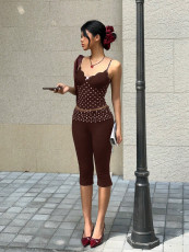 SC Polka Dots Print Lace Patchwork Two Piece Pants Set YWXS-K26L2215