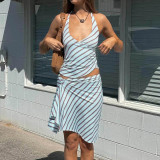 SC Stripe Backless Tie Up Top Two Piece Skirts Set GFRT-32645SBY